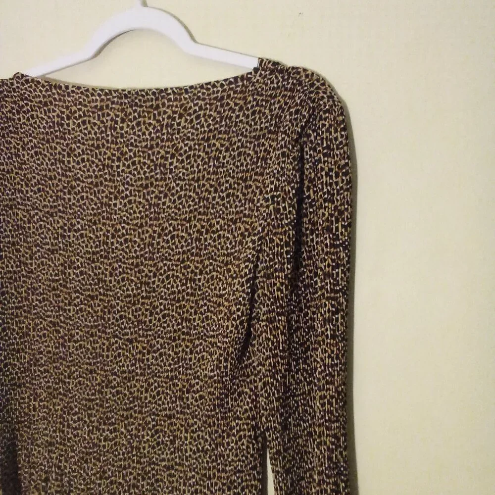 CC Blouse S 3/4 Sleeve Soft Stretch Ribbed Asymmetrical Animal Print Brown Black